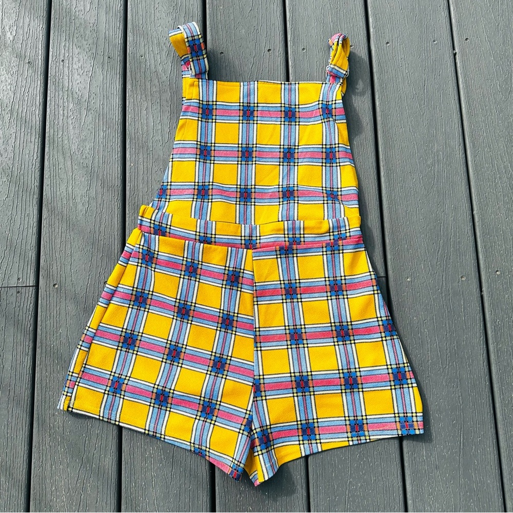 SHEIN Playful‎ Yellow and Blue Plaid Overalls